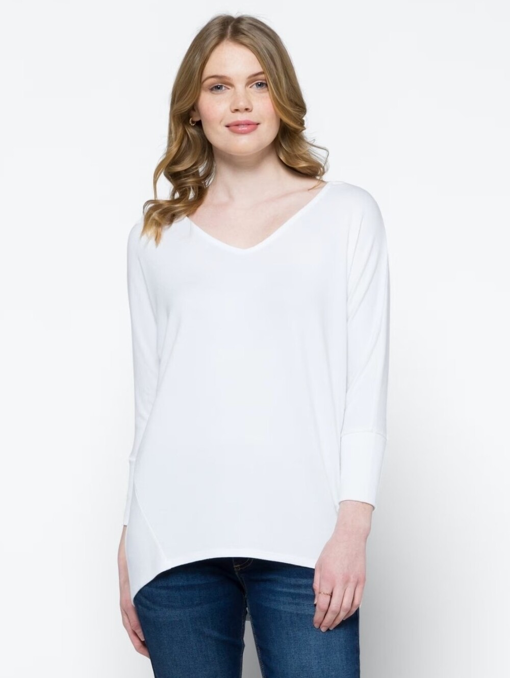 Market & Spruce White V-Neck Draped Long Sleeve Top